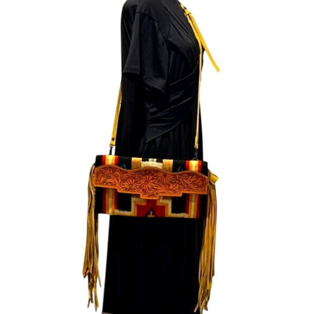 American Darling Hand Carved Tooled Leather Wool Fringe Crossbody Bag NEW